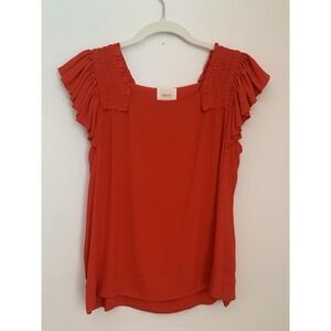 Anthropologie Maeve Top Sz 0 Epaulet Smocked Flutter Sleeve Orange/Red